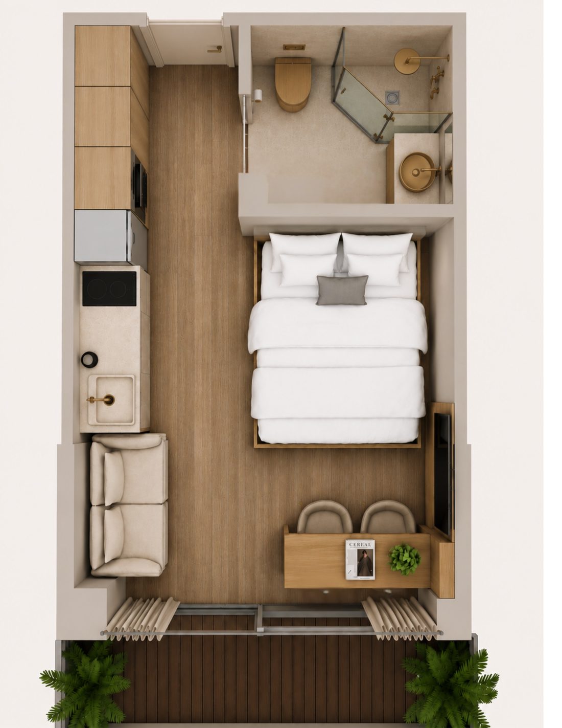 Planta do estúdio: cozinha, sala, cama, casa de banho e varanda