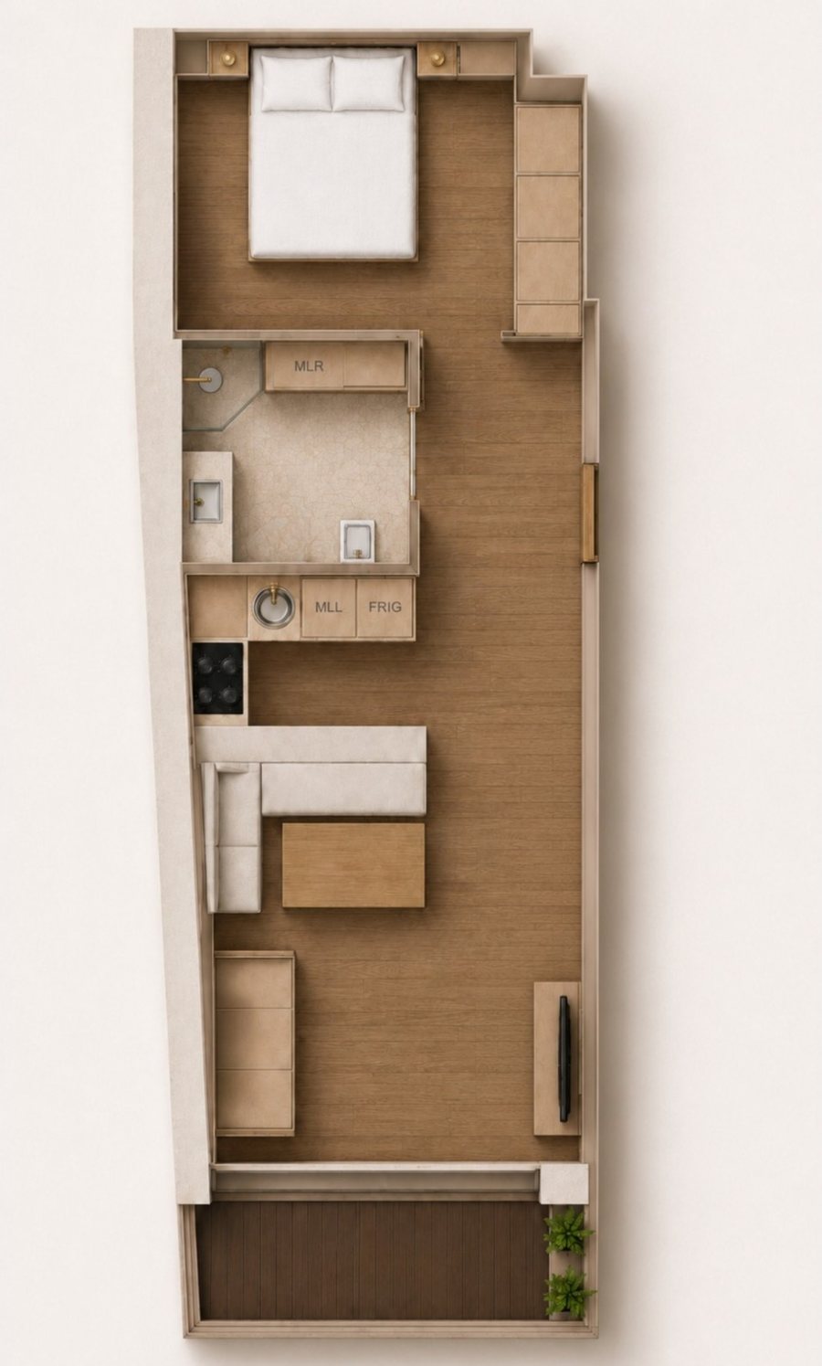 Planta do T1: quarto separado, sala, cozinha, casa de banho e varanda